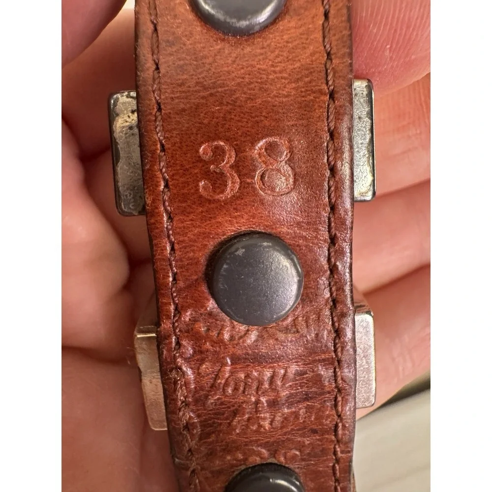 Tony Lama Mens 38 Leather Braided Belt Cognac Engraved Silver Buckle Western Cow